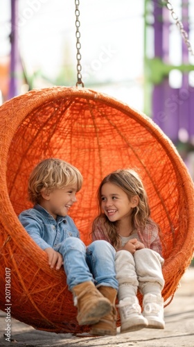 Two children sitting in hanging rattan chair at playground