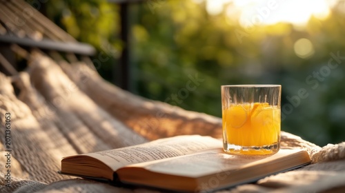 Glass of orange juice placed on open book on hammock outdoors