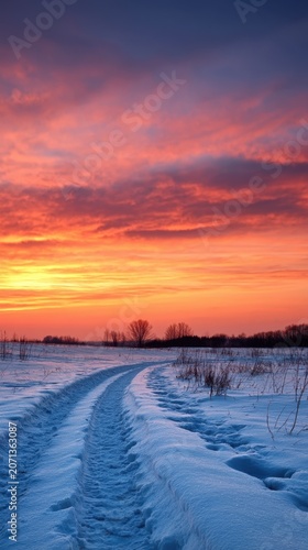 Vehicle tracks through snowy field under colorful sunset