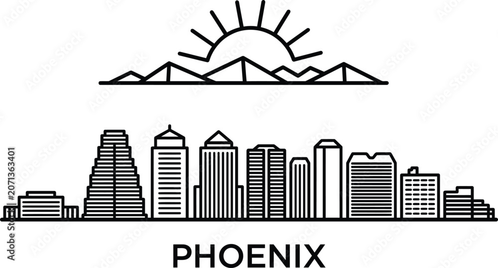 Obraz premium Phoenix arizona skyline outline vector illustration with famous buildings and sunset mountains in background.