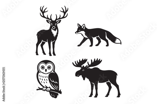 Animal Silhouettes Deer Fox Owl And Moose On White Background