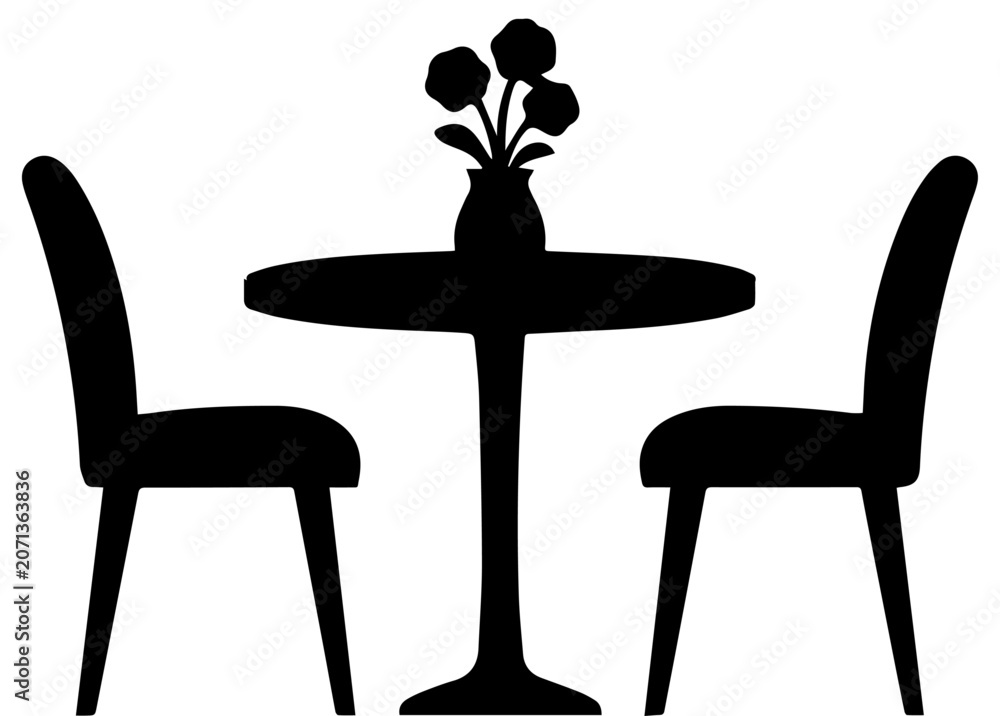 Fototapeta premium Minimalist Black Silhouette of Two Chairs and a Round Table with a Flower Vase