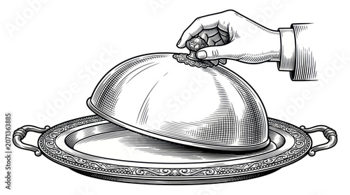 Hand holding silver serving dish lid.
