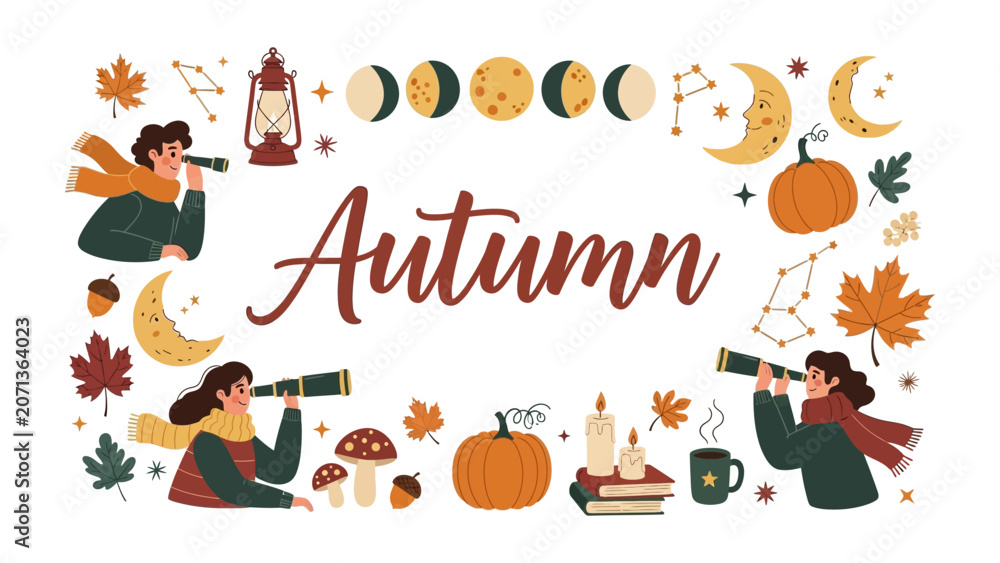 Fototapeta premium Autumn Celestial Wonder: Embrace the magic of autumn with this whimsical illustration featuring celestial phases, constellations, pumpkins, leaves, and cozy stargazers exploring the night sky.