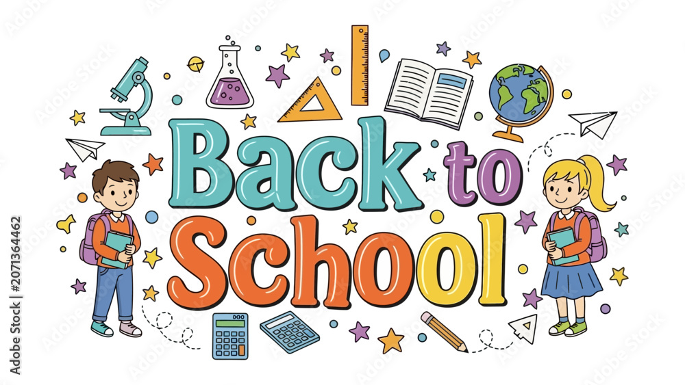 Fototapeta premium Back to School Celebration: A vibrant and colorful illustration celebrates the excitement of returning to school with cheerful children, school supplies, and playful elements.