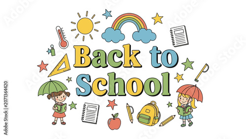 Vászonkép Back to School Fun: A vibrant illustration celebrating the start of the school year with cheerful children, school supplies, and whimsical elements like a rainbow and sun