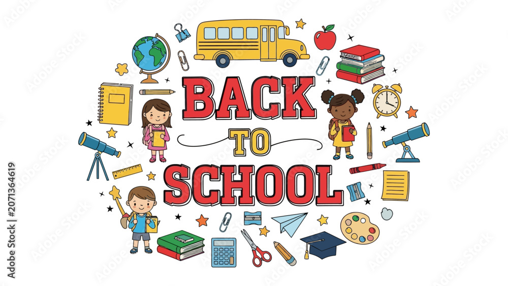 Naklejka premium Back to School Excitement: A vibrant illustration depicts a cheerful collection of school supplies, children, and a classic yellow school bus, all centered around the bold BACK TO SCHOOL text.