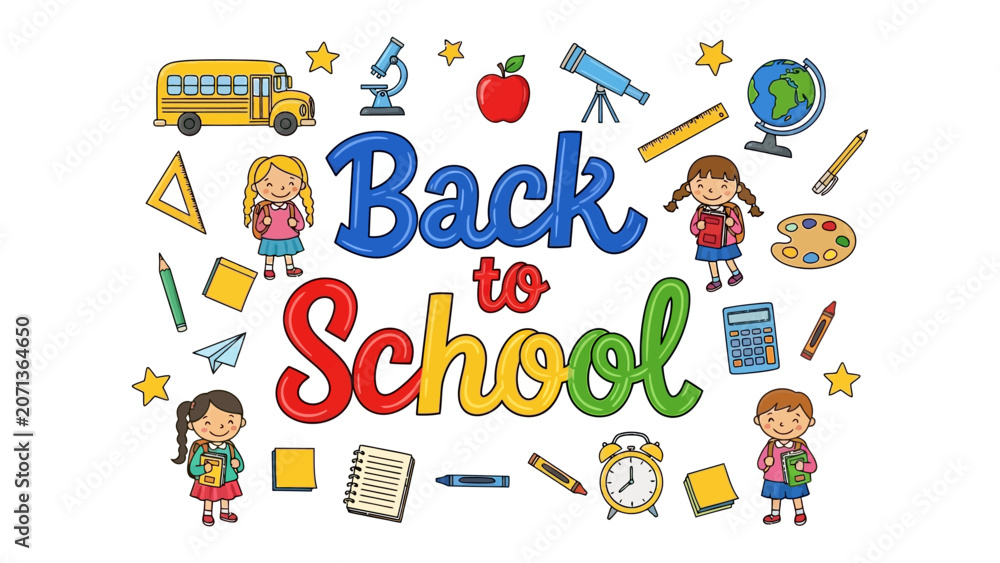 Fototapeta premium Back to School Celebration: A vibrant and colorful illustration depicts the joyful essence of returning to school, surrounded by classic educational icons like school bus, students, apple, books.