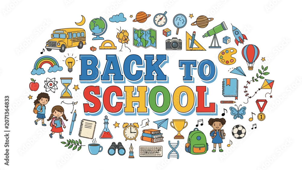 Fototapeta premium Back to School Collage: A vibrant illustration depicting the excitement of returning to school with a playful collection of educational icons, student figures, and the prominent phrase BACK TO SCHOOL.