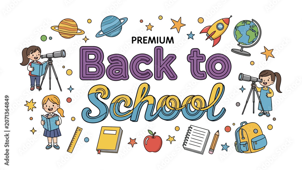 Fototapeta premium Back to School Theme: A vibrant and playful illustration celebrating the return to school, featuring children, books, planets, and a rocket ship.
