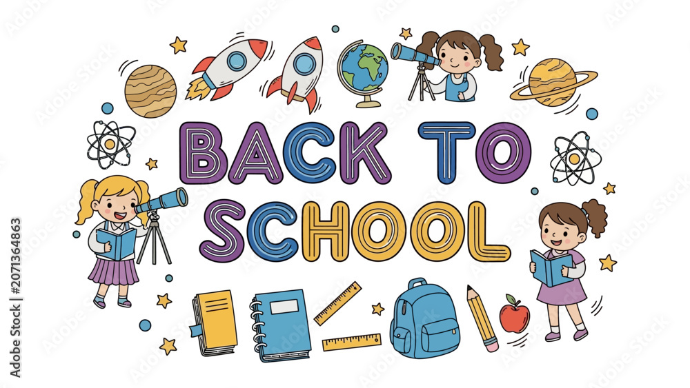 Fototapeta premium Back to School Doodle Art: A charming collection of hand-drawn illustrations depicting children, school supplies, rockets, planets, and globes, all centered around the Back to School theme.