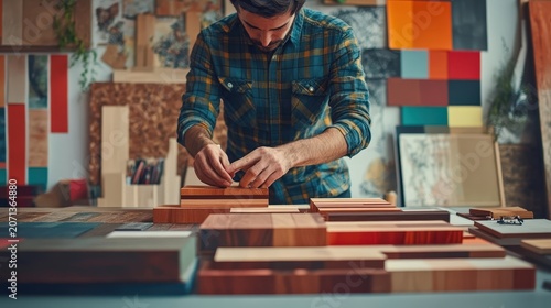 Craftsman Working with Wooden Blocks in a Bright Workshop with Colorful Background