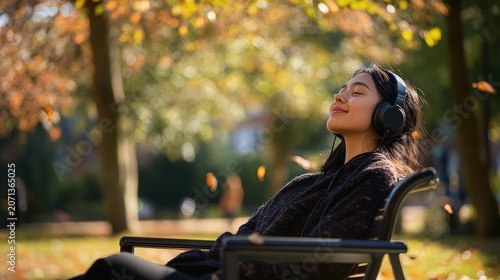 Relaxing in Nature: A Young Woman Enjoys Music Outdoors in Autumn