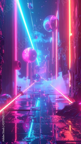 Neon lights in a futuristic city.