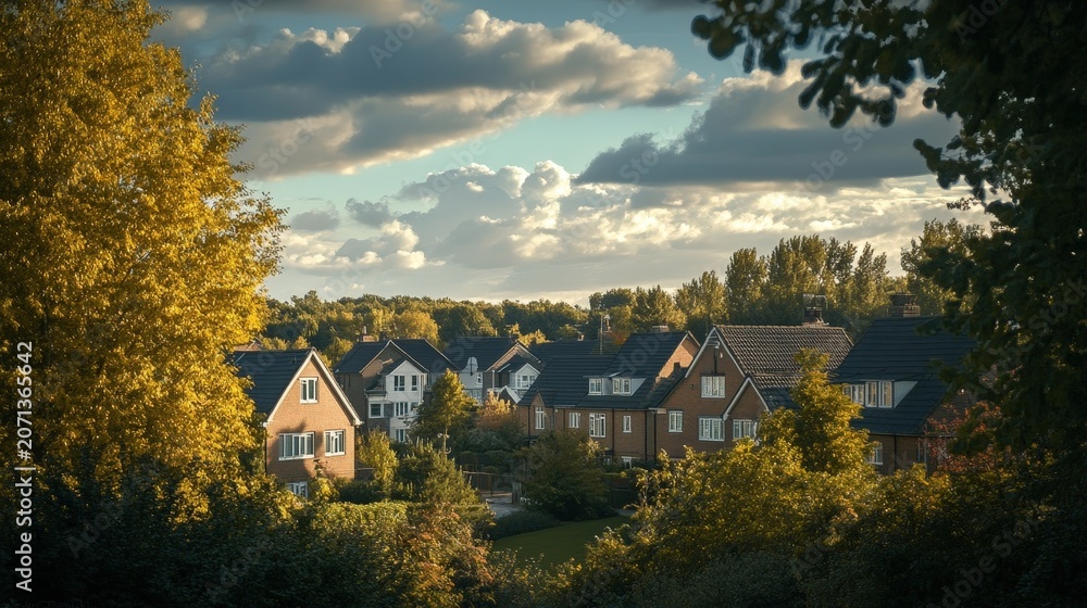 Fototapeta premium Picturesque suburban homes with lush trees and cloudy skies in a tranquil neighborhood setting
