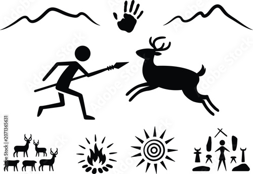 Photos Primitive man with spear hunting running deer in ancient landscape with primitive village campfire sun