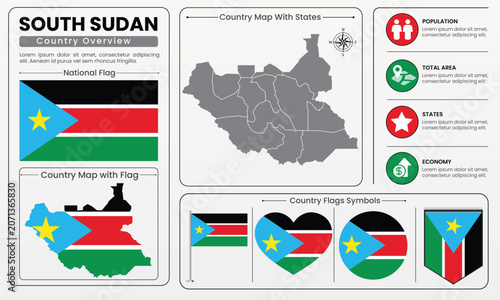 South Sudan Country Map Flag Infographic Vector Illustration Set