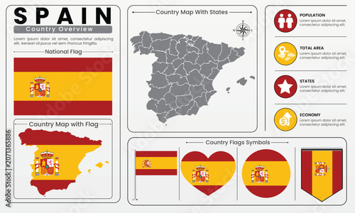 Spain Country Map Flag Infographic Vector Illustration Set