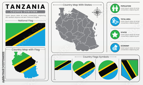 Tanzania Country Map Flag Infographic Vector Illustration Set