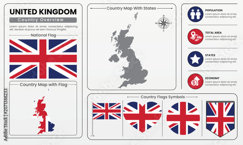 United Kingdom UK Britain Country Map Flag Infographic Vector Set
