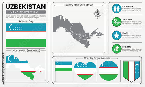 Uzbekistan Country Map Flag Infographic Vector Illustration Set