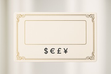 Blank elegant business card with currency symbols and ornate border on soft light background, ideal for financial promotion or design template use. Ai generative