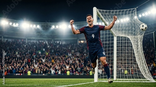 Excited professional soccer player celebrating winning goal in front of cheering stadium crowd at night