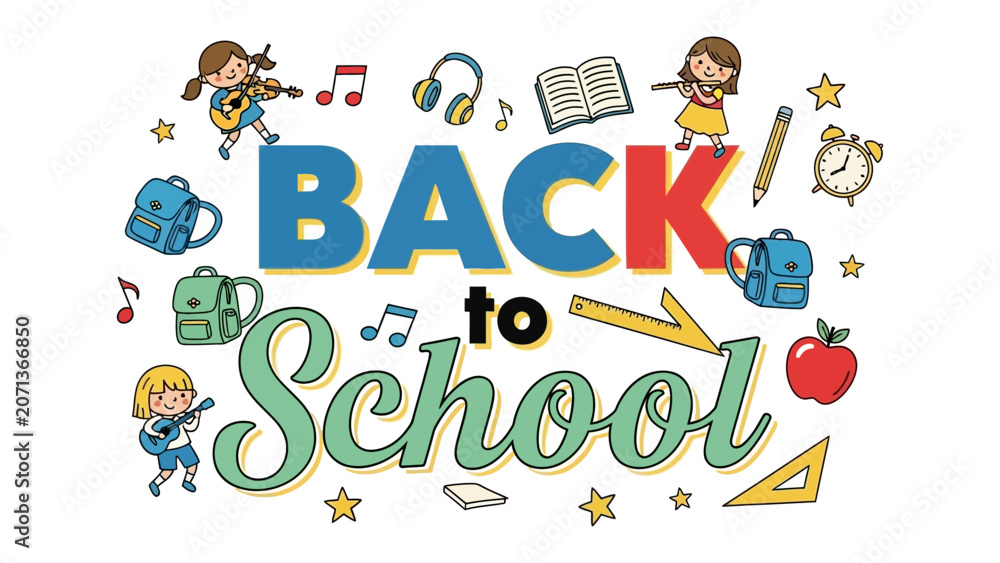 Fototapeta premium Back to School Celebration: A vibrant illustration captures the excitement of returning to school with cheerful children, musical notes, school supplies, and the prominent text BACK to School in bold.
