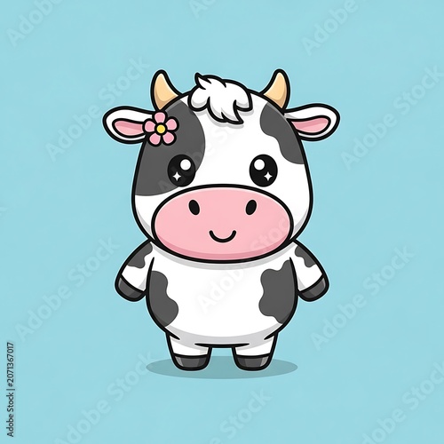 Adorable cartoon cow character with black and white spots wearing a small pink flower on her ear standing against a simple soft blue background in this charming digital vector illustration.