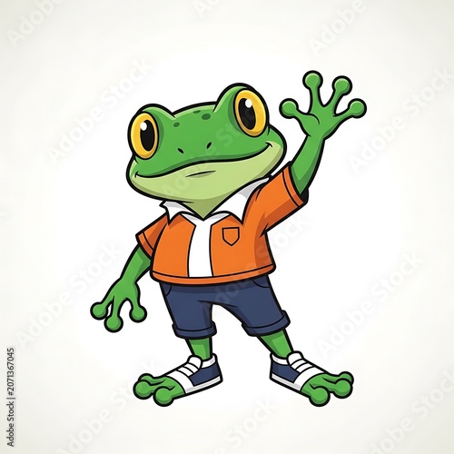 Friendly green cartoon frog character wearing a bright orange polo shirt and blue shorts waving his hand in a cheerful greeting isolated against a clean simple light grey studio background