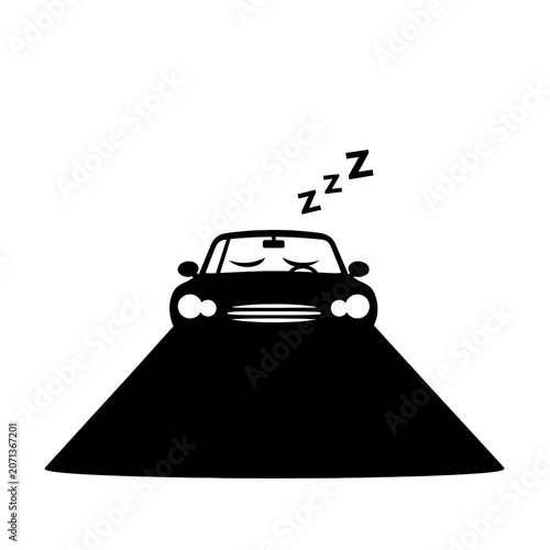 Simple black silhouette illustration of a sleepy car character with closed eyes and floating zzz letters isolated on a clean white background representing a vehicle resting after a long journey