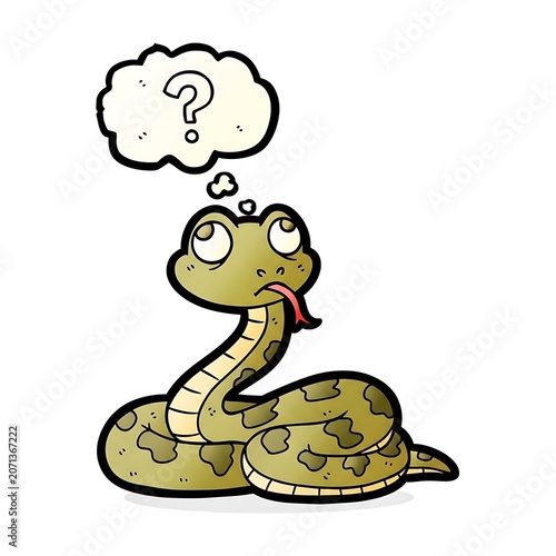 Cute cartoon green snake character with a confused expression and a large question mark inside a thought bubble drawn in a fun hand illustrated style for children and various projects.