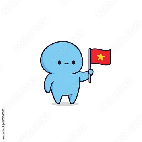 Cute little blue cartoon character standing upright while holding a small red flag featuring a single bright yellow star in its hand against a plain and simple white background area.