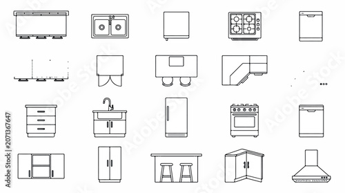 Minimalist kitchen furniture icons set, modern interior design floor plan symbols, 20 black line vector elements for architectural blueprints