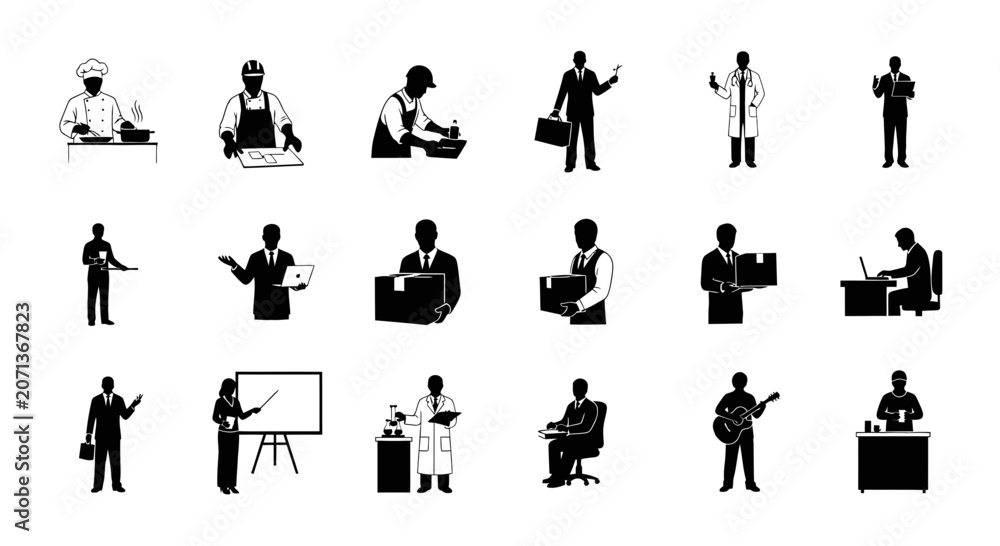 Obraz premium Professional People Silhouette Collection Set Featuring Diverse Occupation Roles and Business Worker Poses