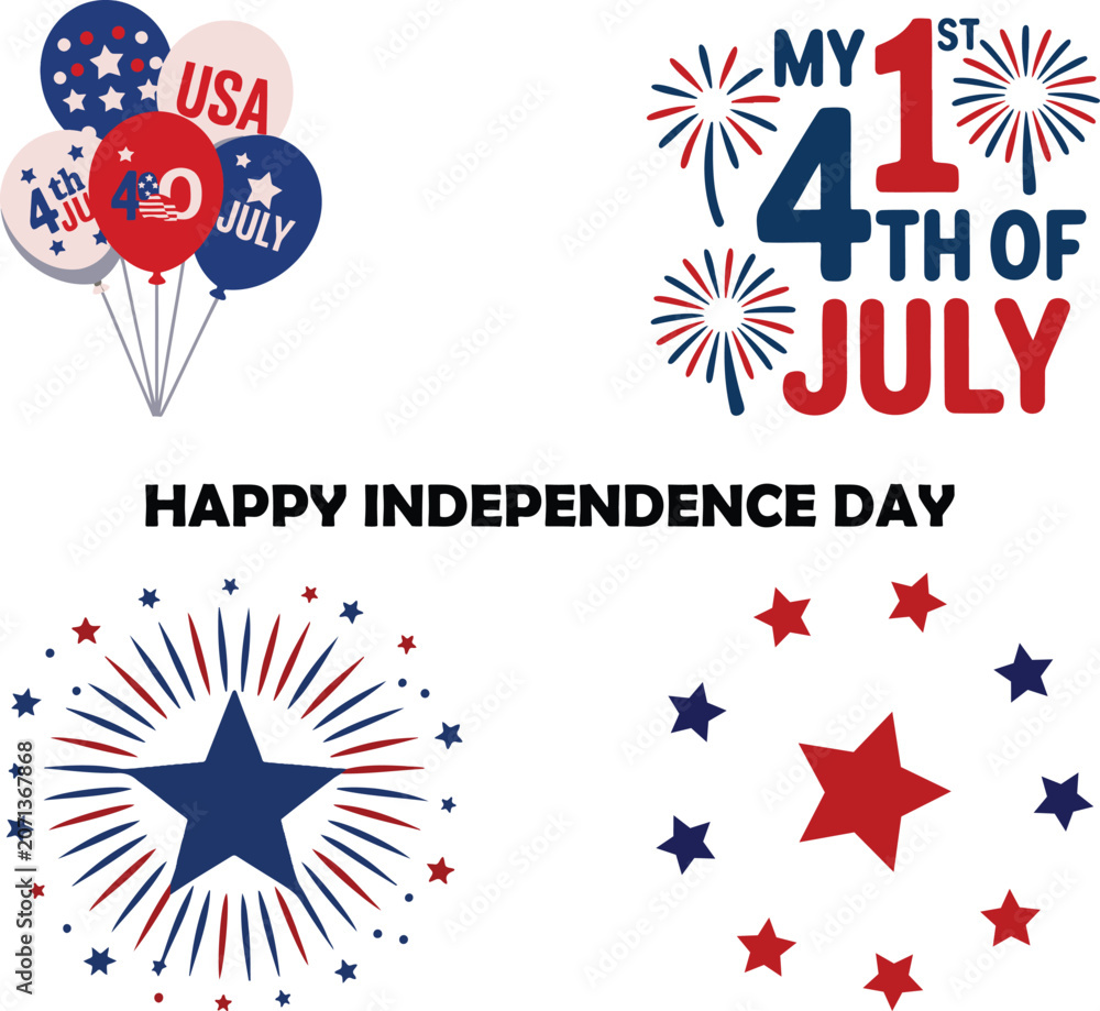 Fototapeta premium Assortment of patriotic Independence Day elements featuring balloons, stars, fireworks, and celebratory typography