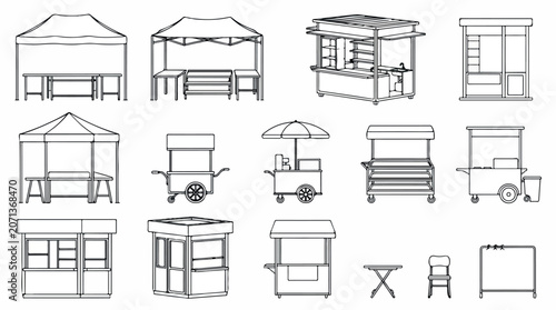 Street food stall line icons set, outdoor market kiosk and vendor cart vector collection, festival tent and retail booth outline illustrations