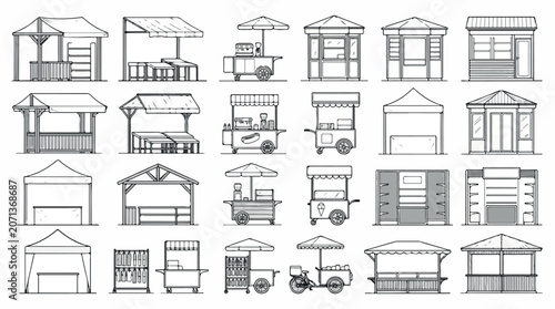 Minimalist street food stall icons, 24 market booth line art vectors, outdoor kiosk and festival tent collection for urban event planning