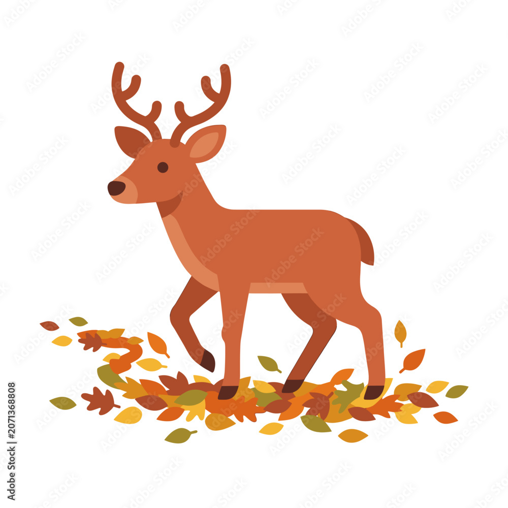 Fototapeta premium Cute Deer Walking in Autumn Leaves Vector Illustration