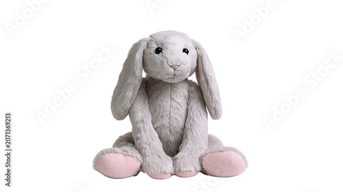 Fotografie Fluffy grey plush bunny rabbit with pink paws, isolated on transparent backgroun