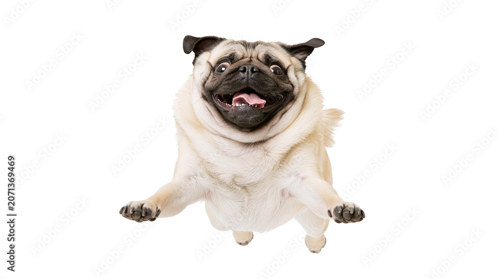 Fototapeta premium Joyful pug dog mid-air jump with open mouth and outstretched paws, isolated on transparent background
