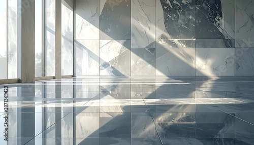 Modern interior with reflective floor surfaces.