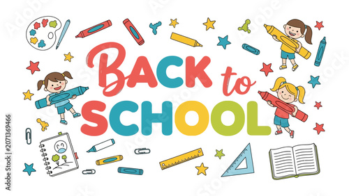 Tableau sur toile Back to School Illustration: Children joyfully prepare for the academic year, surrounded by school supplies like pencils, crayons, and notebooks, celebrating the start of a new educational journey
