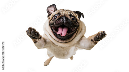 Photos Joyful pug dog with open mouth and outstretched paws, isolated on transparent ba