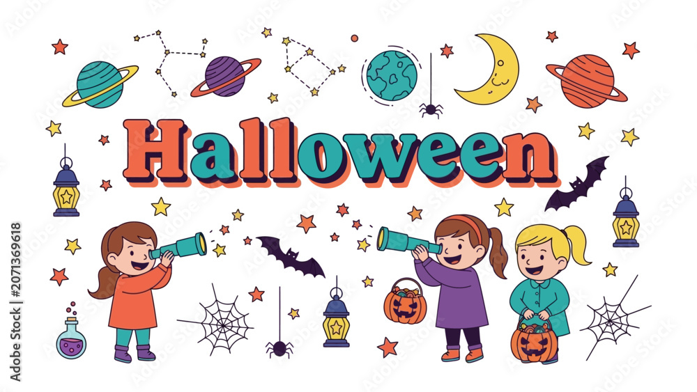 Fototapeta premium Halloween Celebration: A whimsical illustration of children celebrating Halloween with stargazing, surrounded by festive symbols and cosmic elements.
