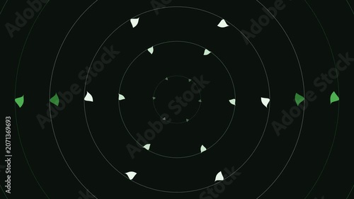 Motion Graphic of Abstract Green Leaf Shapes Revolving Rhythmically Within Concentric Circles Background