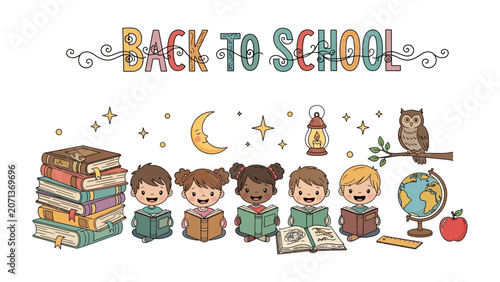 Fotografie Back to School Joy: A whimsical illustration depicts a diverse group of cheerful children engrossed in reading books, surrounded by school supplies, an owl, and a crescent moon