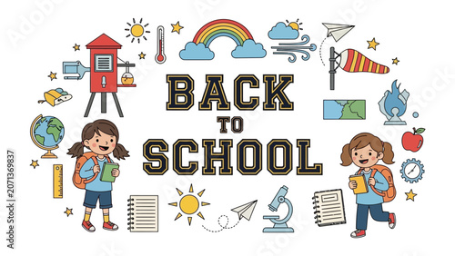 Obraz na plátně Back to School Collection: A vibrant and playful illustration celebrating the start of the academic year, featuring children, educational tools, and symbols of learning and weather