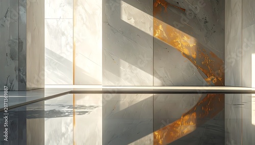 Modern interior design with sunlight reflections.