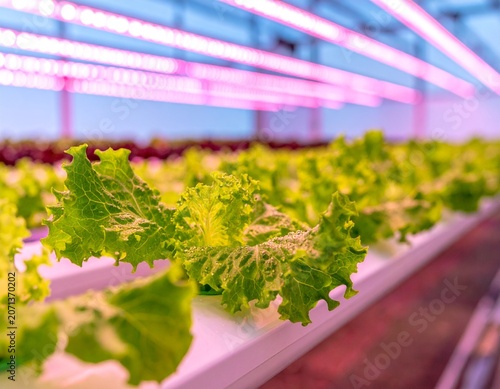 Lettuce Cultivation in a Modern Hydroponic System with Pink LED Grow Lights Illuminating Sustainable Agriculture Practices